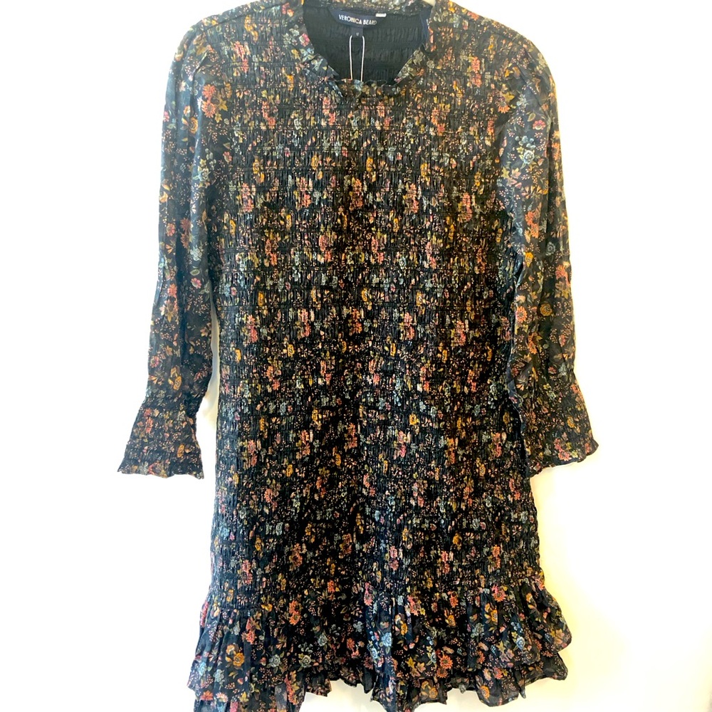Veronica Beard Farha Black Floral Smocked Mini Dress size 12 - Picture 5 of 13